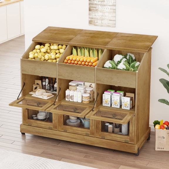 JassmiPkwy Three-Tier Lidded Mobile Potato Storage Bin, Rustic Design, with Wheels, Onion Storage Box, Includes Vegetable Storage Compartments, Ideal for the Kitchen