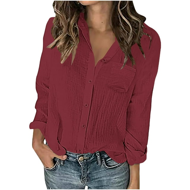 Timegard Shirts for Women Drop Shoulder Lapel V Neck Button up Blouse Comfy Casual Solid Color Tee Tops