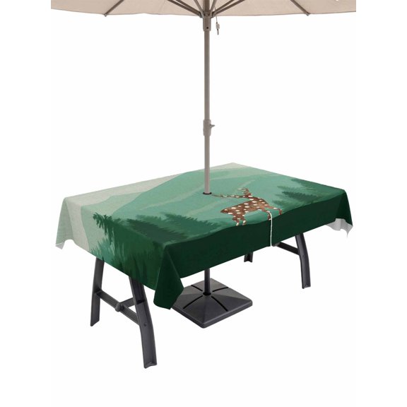 54x80 Inch Outdoor Tablecloth with Umbrella Hole Zipper Rectangle Green Mountain Deer Rectangular Tablecloths Outside Waterproof Cabin Forest Buffalo Plaid Patio Table Cloth Cover for Picnic Party