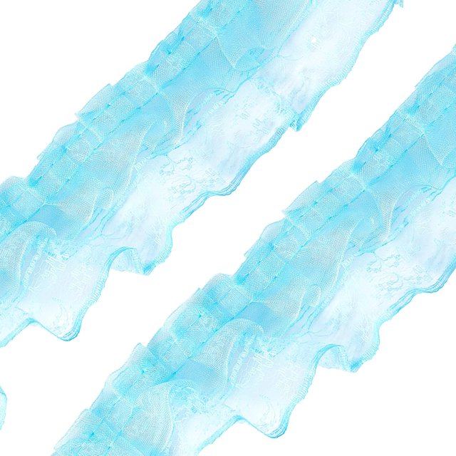 20 yardas de cinta de encaje de organza azul plisada de 2 capas, tela de gasa de malla fruncida, apliques de encaje, ribete de tul