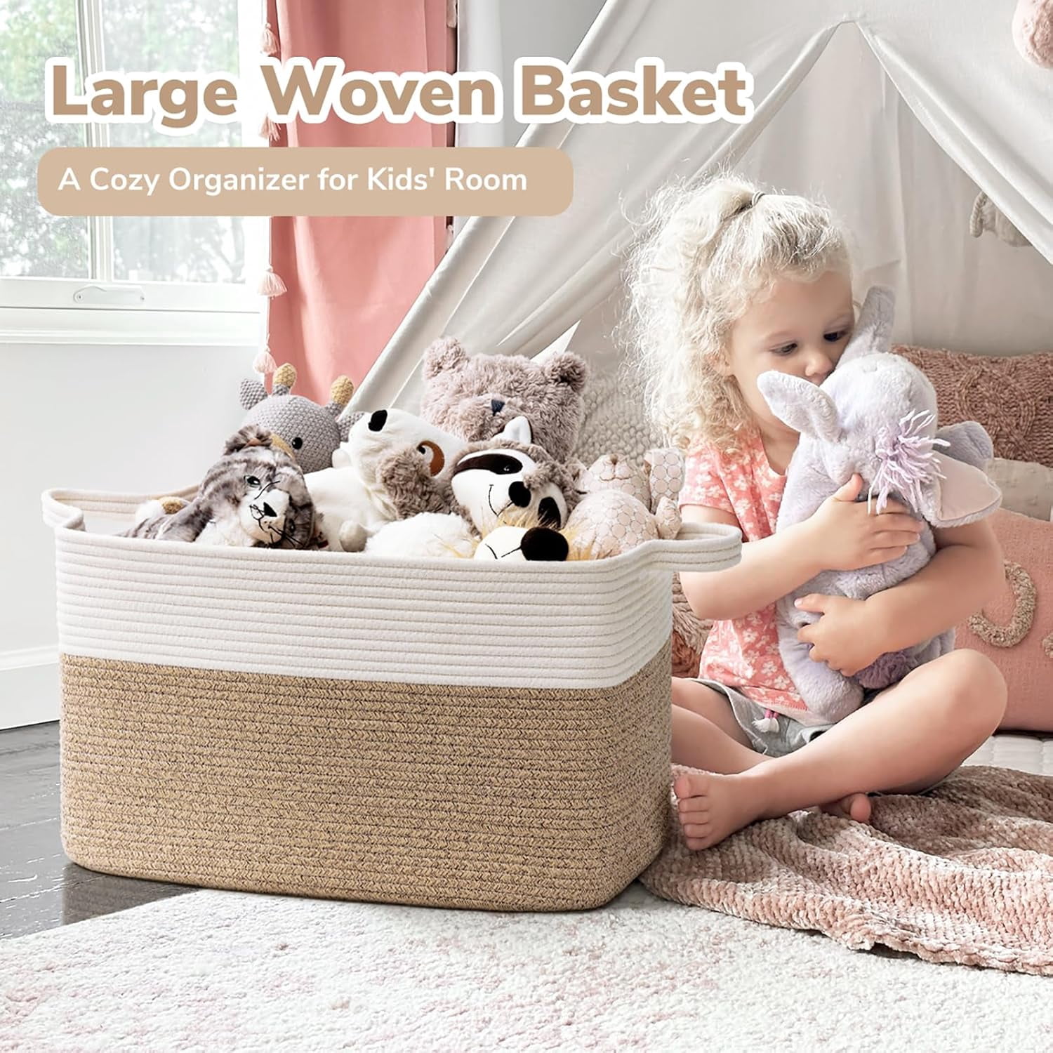Large Rectangular Woven Cotton Rope Basket 21.6×14.9×11.8 in White Brown Storage Bin for Blankets Toys Bedroom Living Room