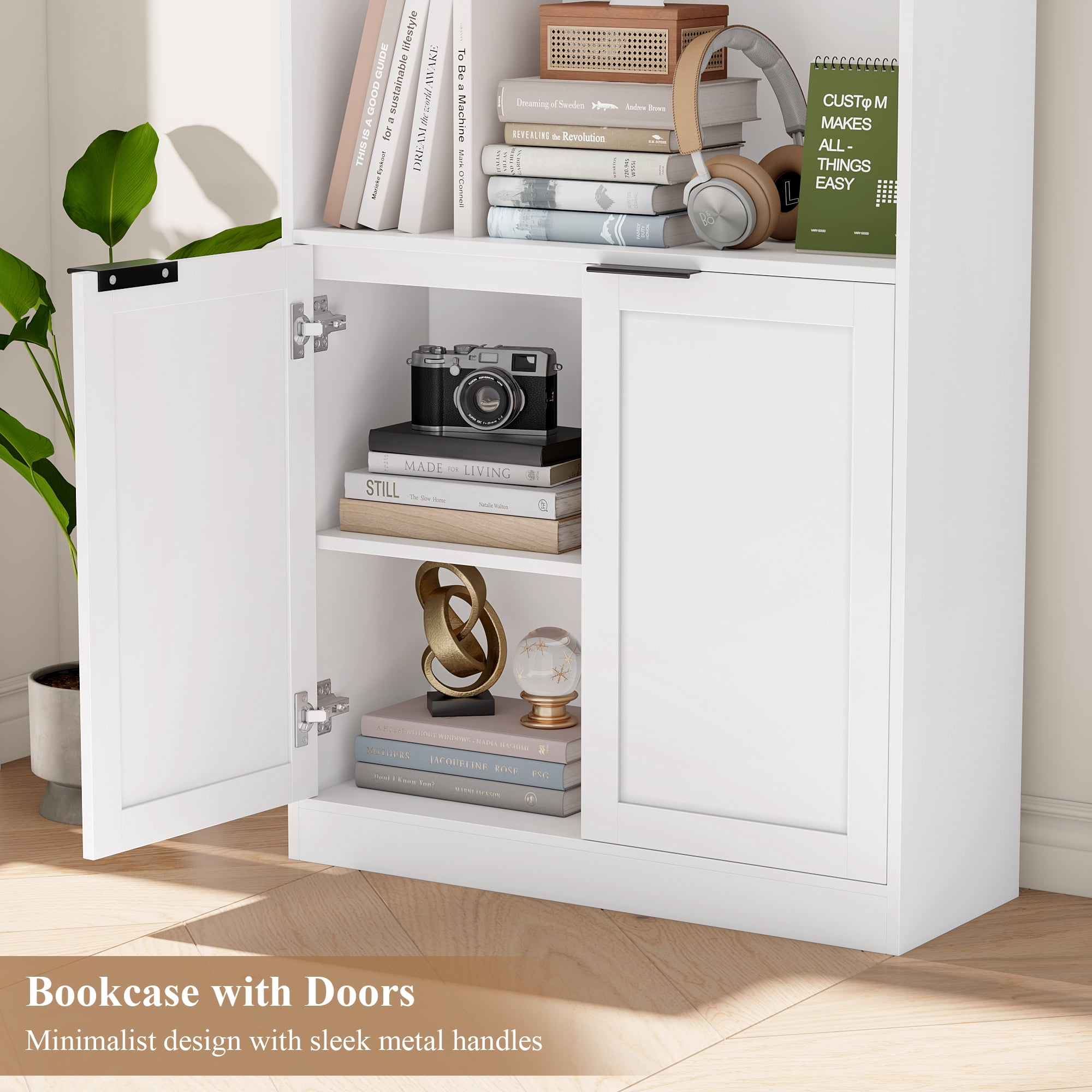 Hiphuta 73" Tall 6-Tier Bookcase with Cabinet, 26" Wide Minimalist Single Row Bookshelf with 2 Doors and 4 Open Shelves, for Office Living Room, White
