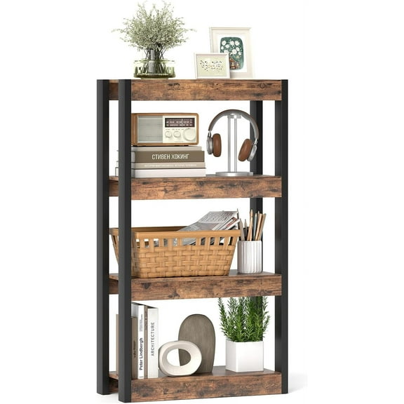 WSSYzyzf 4-Tier Bookshelf, Wooden Bookcase with Dual Anti-Tipping Kits, Freestanding Shelving Unit, Modern Storage Organizer, Open Display Rack for Living Room, Bedroom Rustic Brown & Black