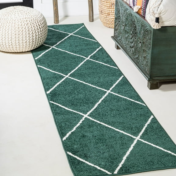 JONATHAN Y SUPERSOFT 2 x 10 Runner Rug, Cole Minimalist Diamond Trellis - Green/White, SEU102D-210