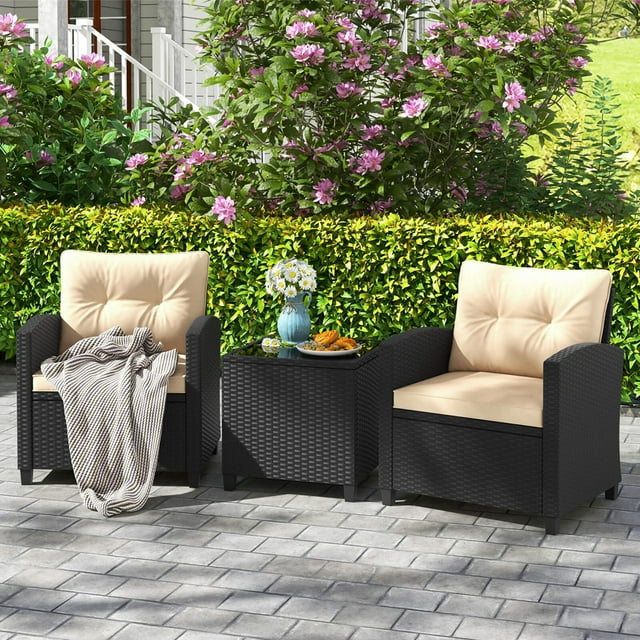 Costway Ensemble de Mobilier de Patio 3 Pcs avec Table Basse en Verre Trempé Coussins Lavables Beige
