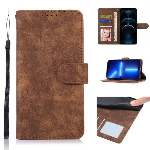 Nalacover Retro Wallet Case for iPhone 14 Pro, Premium PU Leather Shockproof Case with Card Slots Holder Kickstand Magnetic Clasp Phone Cover Vintage Design Wrist Strap Flip Folio Case,Brown