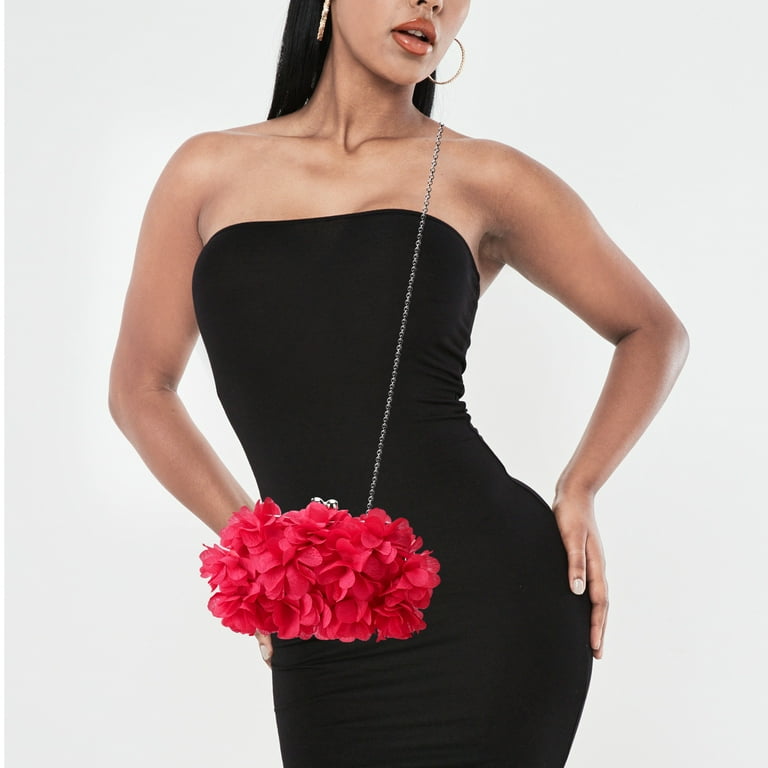 DODAMOUR Flower Evening Bag Women Formal Evening Handbags Satin Crossbody Clutch Bags with 2 Detachable Chain Soft Clutch Purse for Wedding Red Walmart