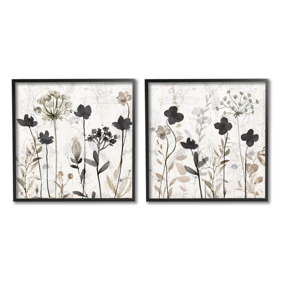 Stupell Industries Neutral Flower Hues Rustic Boho Botanical & Floral Painting Black Framed Art Print Wall Art, Set of 2
