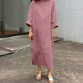 thumbnail image 3 of Women's Cotton Linen Dress Solid Loose Crinkled Long Sleeve Maxi Dress Crewneck Casual Loose Linen Dress Ankle-Length Dress, 3 of 7