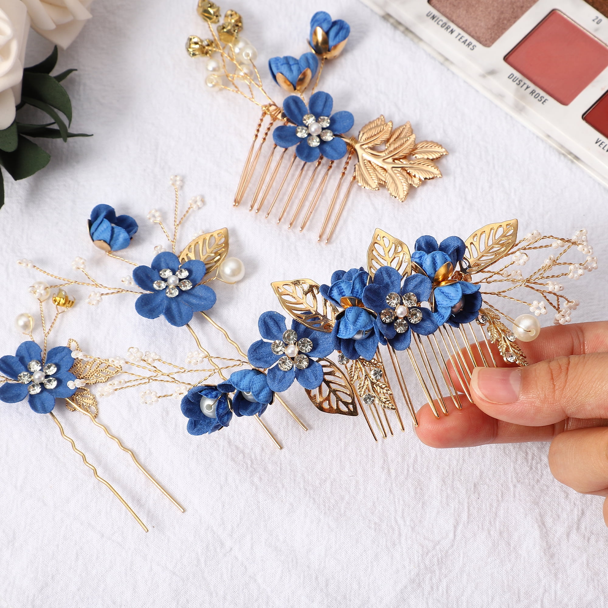 Unique Bargains 4 Pcs Rhinestone Hair Comb for Bride Flower Side Comb Headpiece Deep Blue
