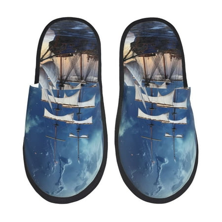 Balery Moonlit Night Sea Sailboat Slient Indoor Furry Fleece Comfort House Shoes Soft Non-Slip Home Shoes Cotton slippers House Slippers-- Medium