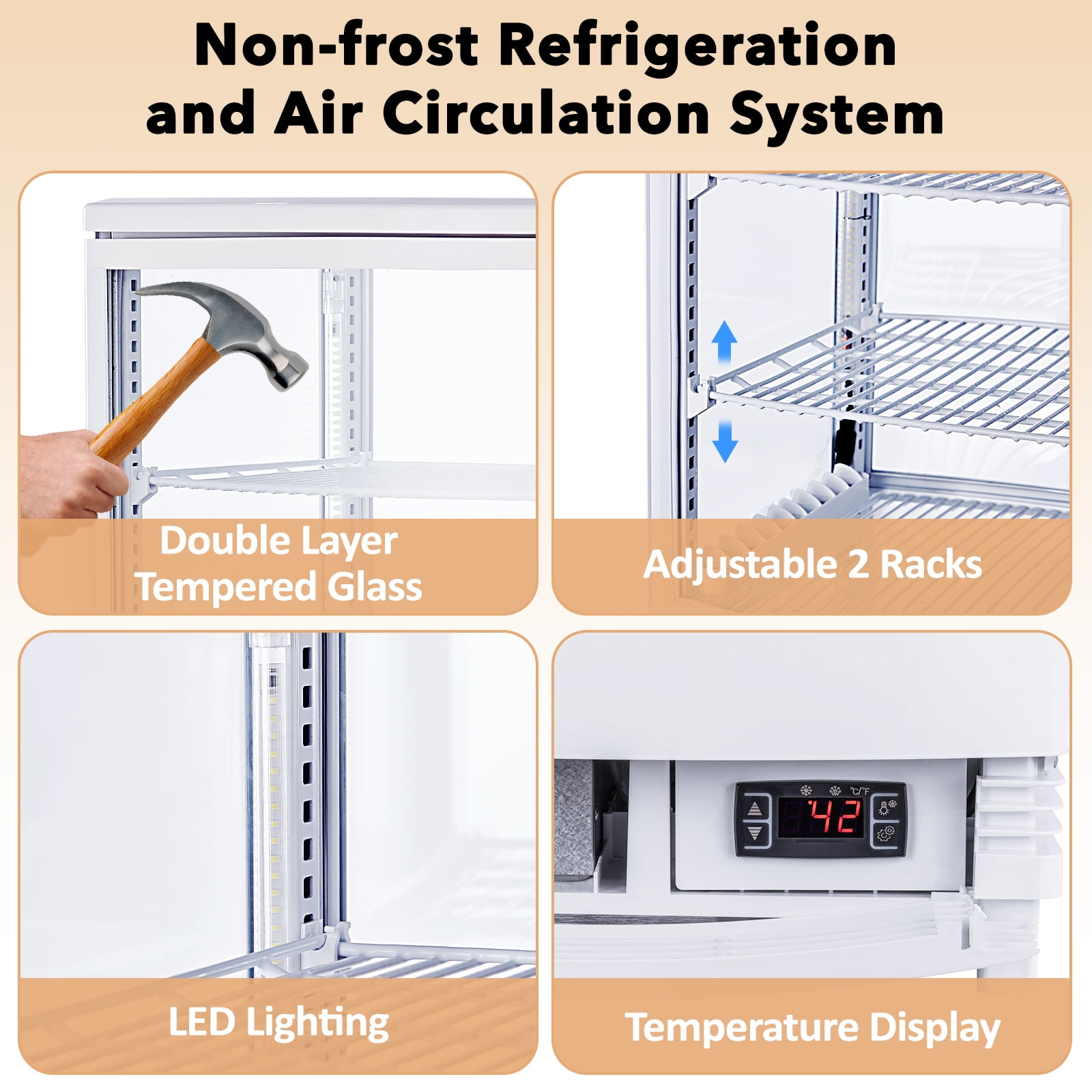 Commercial Refrigerator Display Case 2 Cu.FT, Two Glass Door Display Refrigerator Display Fridge, Countertop/Floor Refrigerator with LED Lighting, Adjustable Shelves, Double-Layered Glass