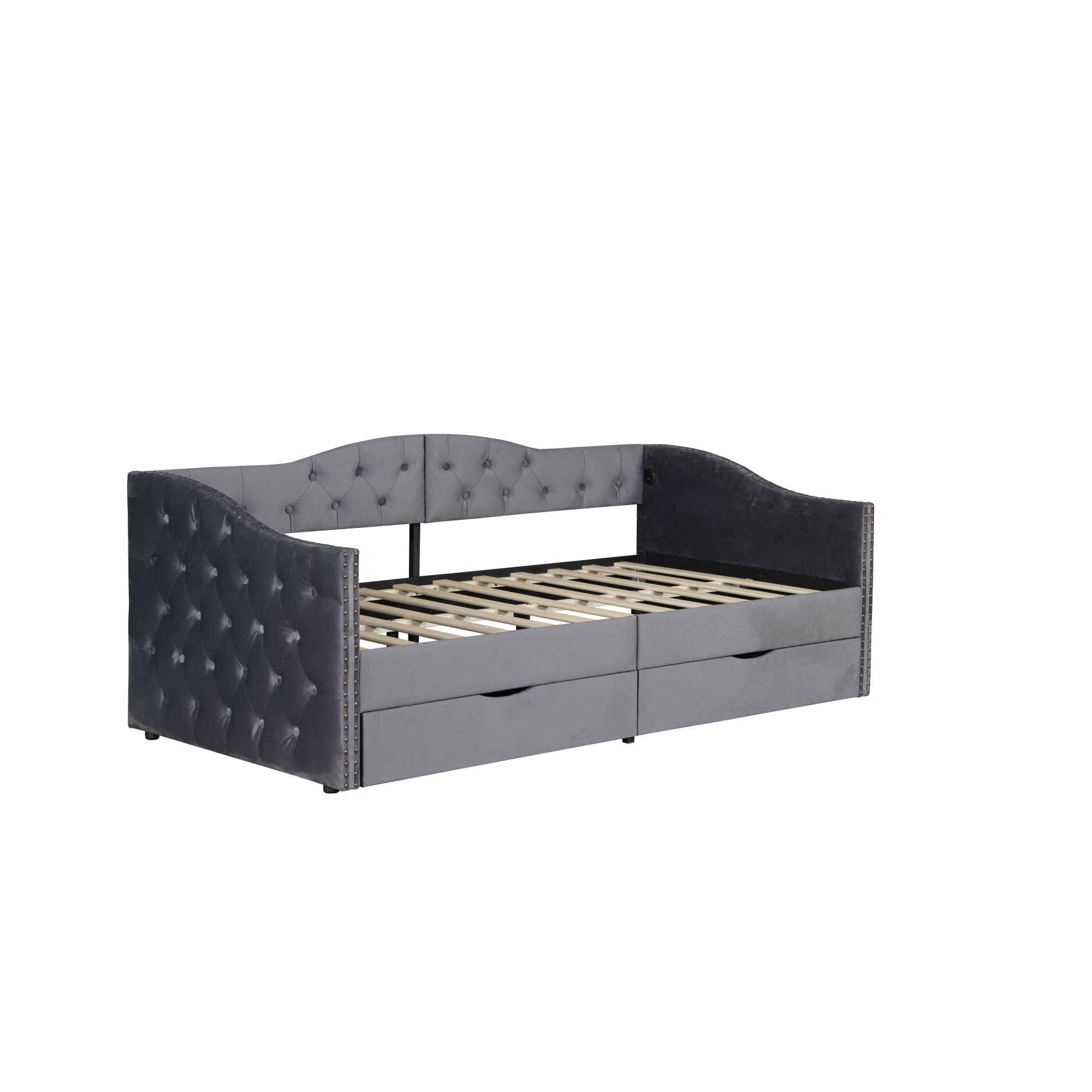 Leumius Twin Size Upholstered Daybed with Storage Drawers, Wood Daybed with USB Ports & 2 Storage Drawers for Living Room Guest Room Grey