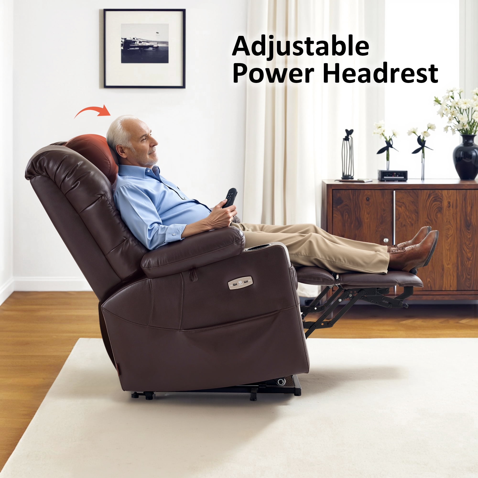 MCombo Large Triple Motor Power Lift Recliner Chair for Tall Elderly, Faux Leather, Dark Brown