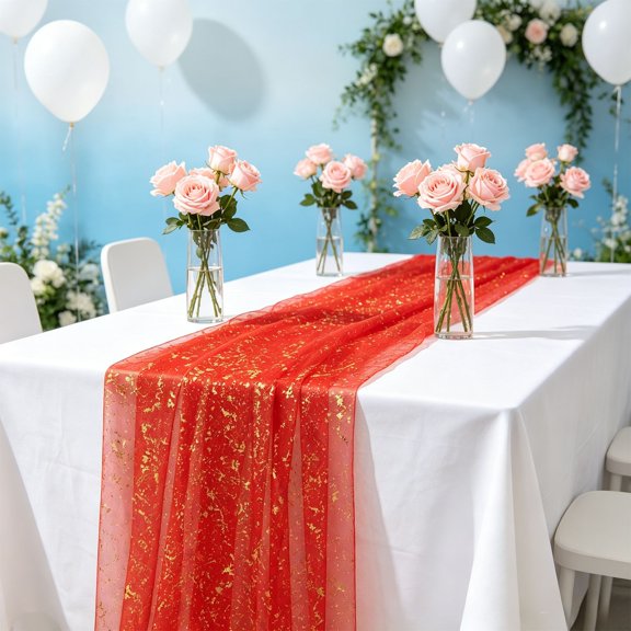 Sheer Mesh Table Runner with Gold Foil Stamping for Wedding Birthday Party Dining Table Decor Glitter Fabric Runner for Events and Celebrations