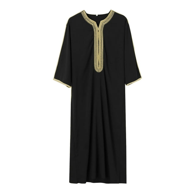 XDZJLR Mens T Shirts Arab Long Sleeve Embroidered Thobe Traditional Middle Robe for Muslim Wear Elegant Dress Long Robe With Pockets Tops