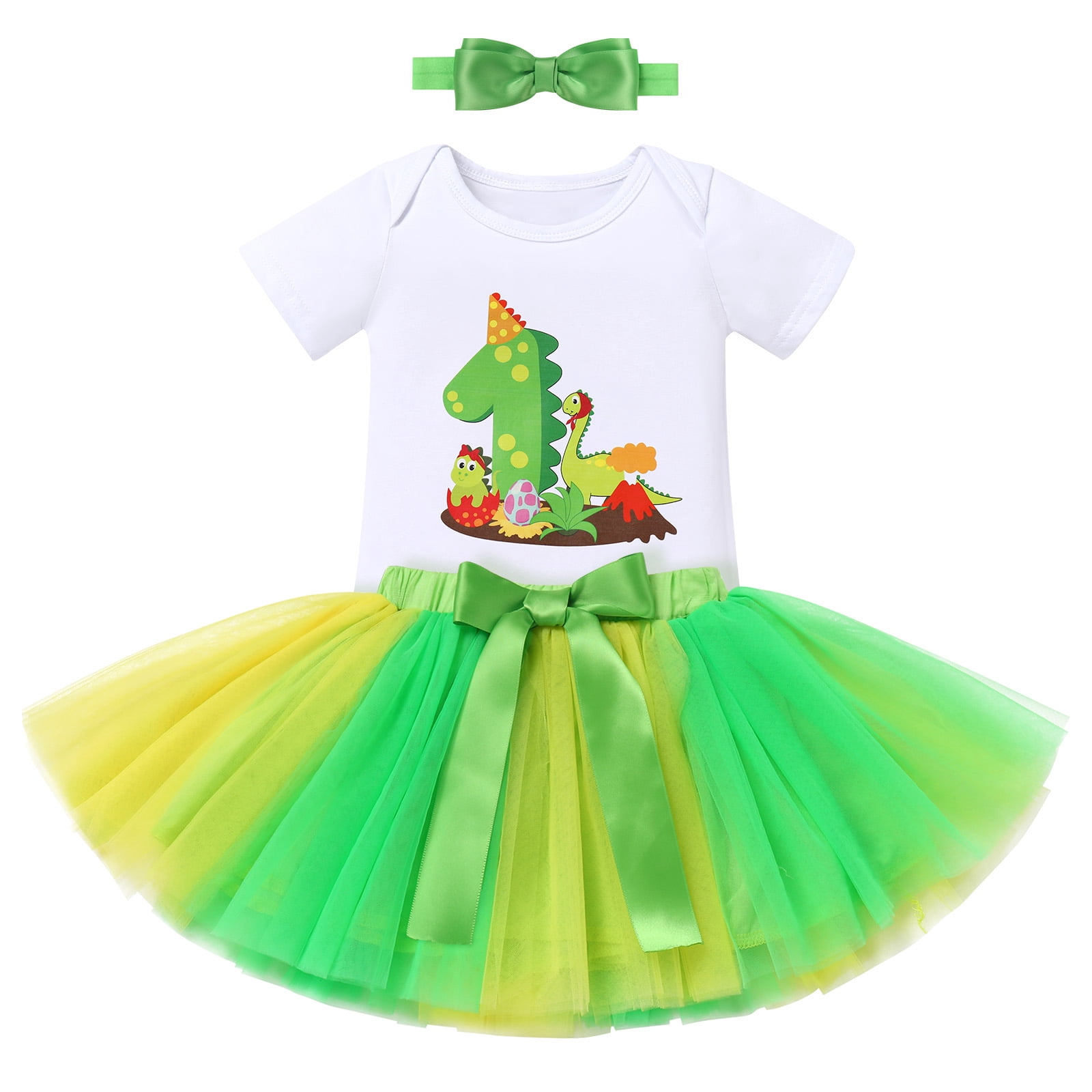 IBTOM CASTLE Infant Baby Girls Dinosaur Themed Party 1st Birthday Outfit Princess Romper + Tutu Skirt + Headband Clothes Set for Photo Shoot 1 Year Green