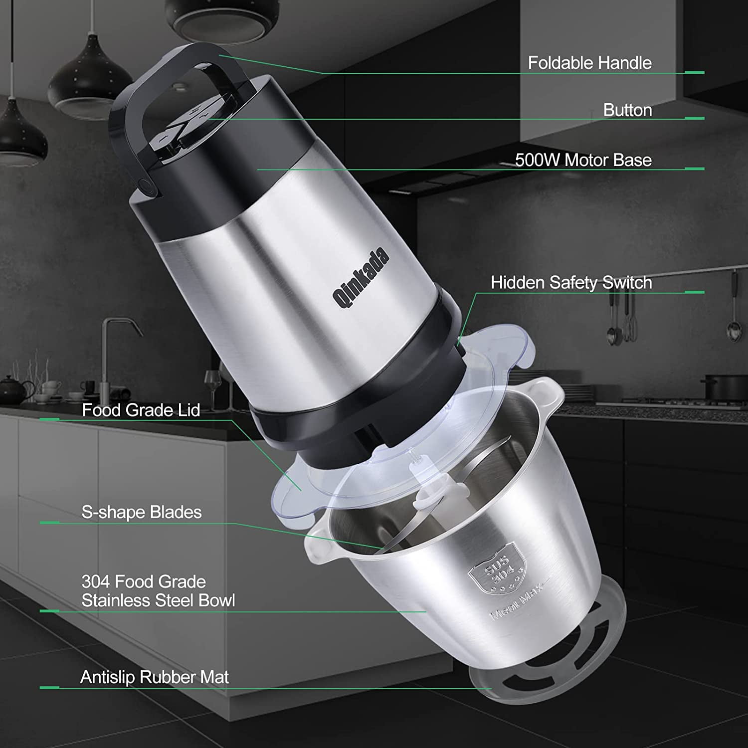 Food Processor 500W Meat Grinder with 14 Cup Stainless Steel Bowl, 3 Speed Modes for Vegetables, Nuts, Garlic