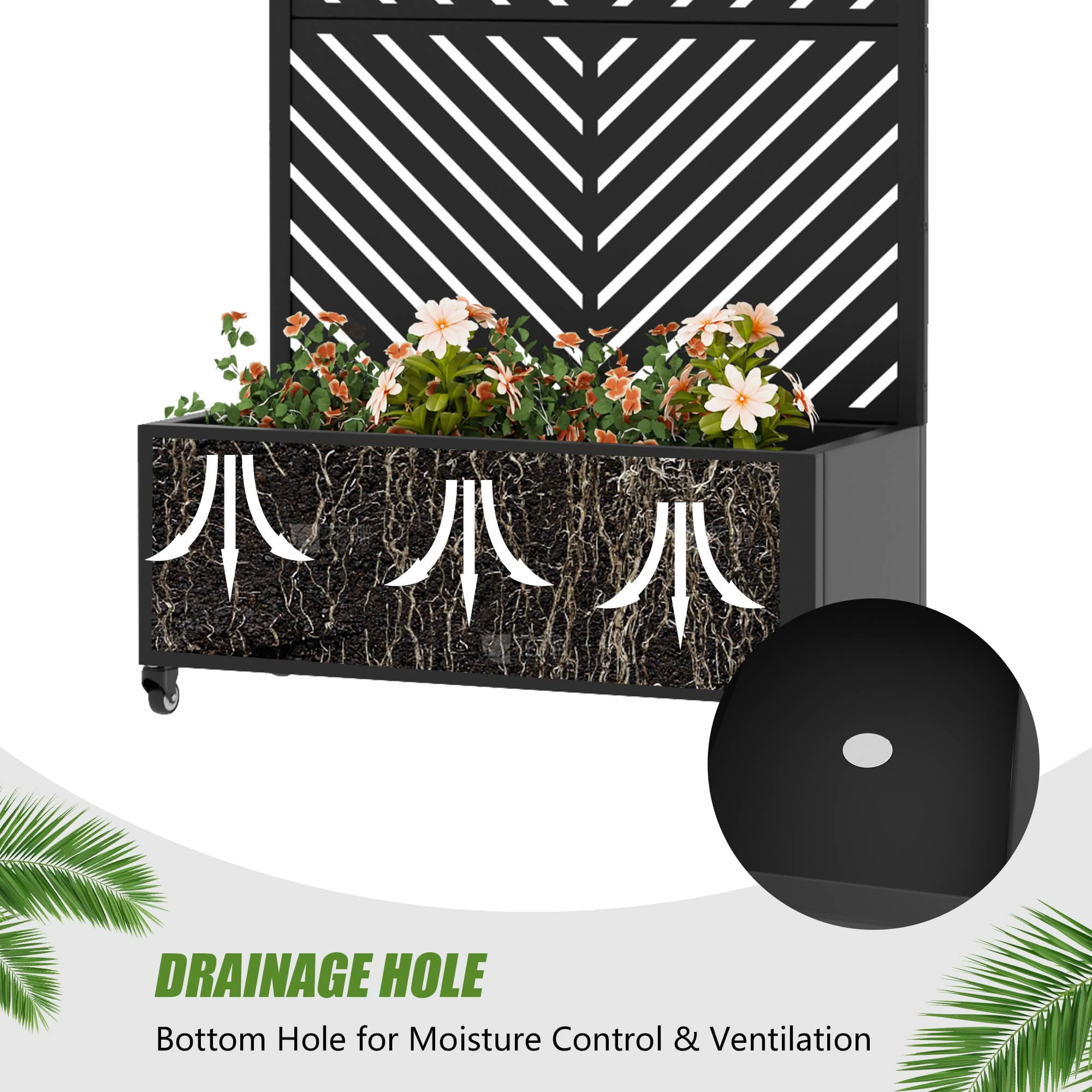 MAYEERTY 72X35" Metal Outdoor Black Privacy Screen with Planter Box for Backyard & Garden, 3 Piece Set, Double‑sided Installation