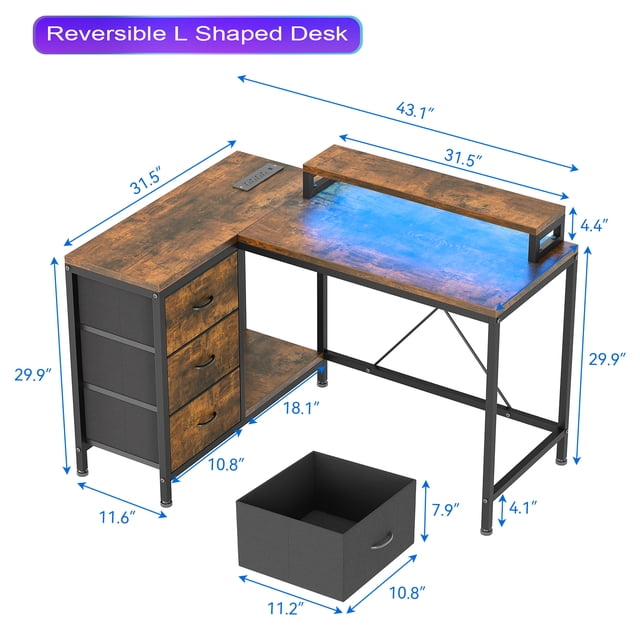 Qinaqin Escritorio de Computadora 43 Inch L Shaped con Power Outlets y Led Lights 3- cm Profundidadrawer Gaming Almacenamiento Shelves Monitor Soporte Reversible Oficina