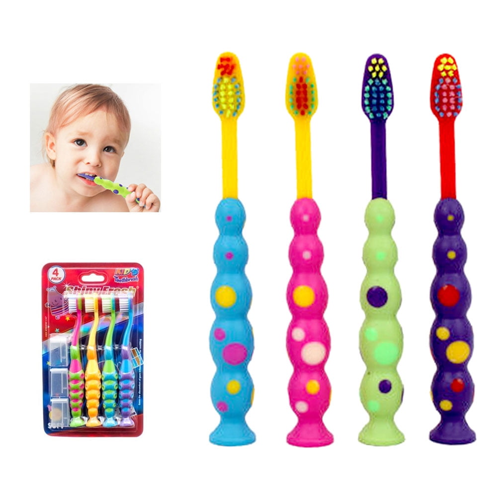 4 X Ball Polka Dot Toothbrush Set Suction Cup Stand Soft Bristles Kids