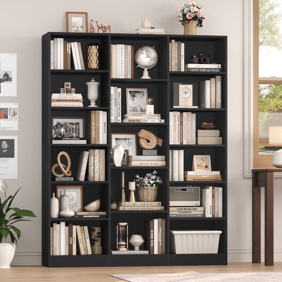Homfa Triple Row 6-tier Bookshelf, 74 in Tall Bookshelf with 17 Open Display Shelves, Large Bookcase for Office Living Room, Black