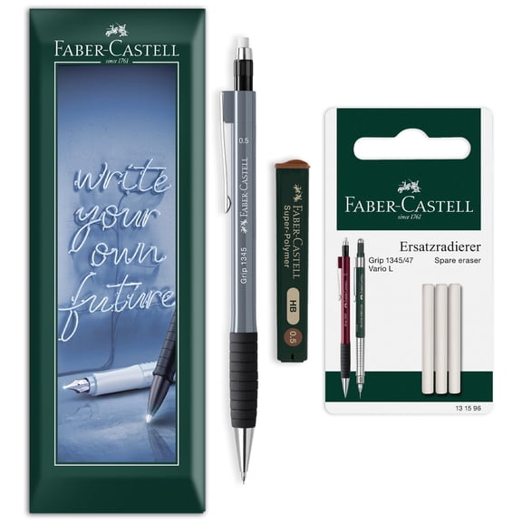 Faber-Castell Grip 1345 Mechanical Pencil Set 0.5mm HB with Polymer Leads, Spare Eraser Refills - Stone Gray