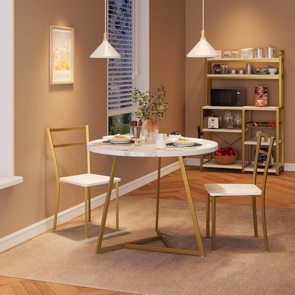 Round dining mesa set para 2: kitchen mesa con 2 forrado sillas, 3-piece circle dining mesa set para kitchen, apartment small spaces - marble blanca