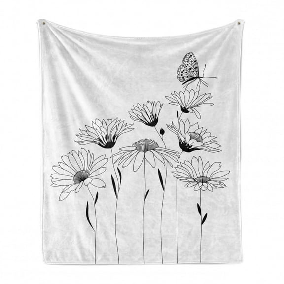 Daisy Soft Flannel Fleece Throw Blanket, Sketch Style Composition of Flowers and Butterfly Monochrome Flora and Fauna, Cozy Plush for Indoor and Outdoor Use, 50" x 60", Black and White, by Ambesonne
