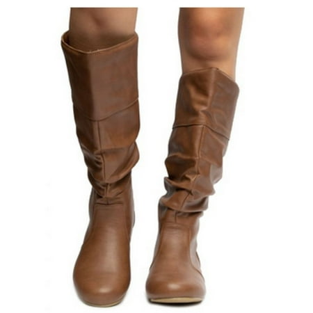 

Wild Diva Kalisa-126 Women s Mid-Calf Back Lace Tie Faux Leather Flat Heel Wide Calf Boots COGNAC 9