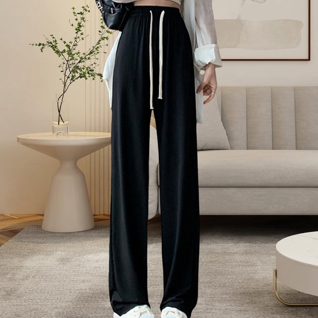Pantalones de pierna ancha para mujer, pantalones sueltos delgados, pantalones elásticos de alto, pantalones de salón, pantalones de trabajo de , l L