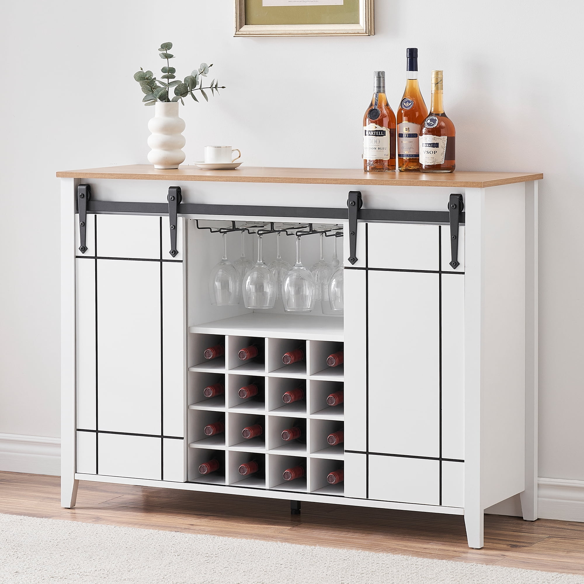 Farmhouse Wine Bar Cabinet with Sliding Barn Door – 47 Buffet Sideboard 16-Bottle Wine Rack Adjustable Shelf – Coffee Bar for Dining Room Kitchen Entryway – Antique White