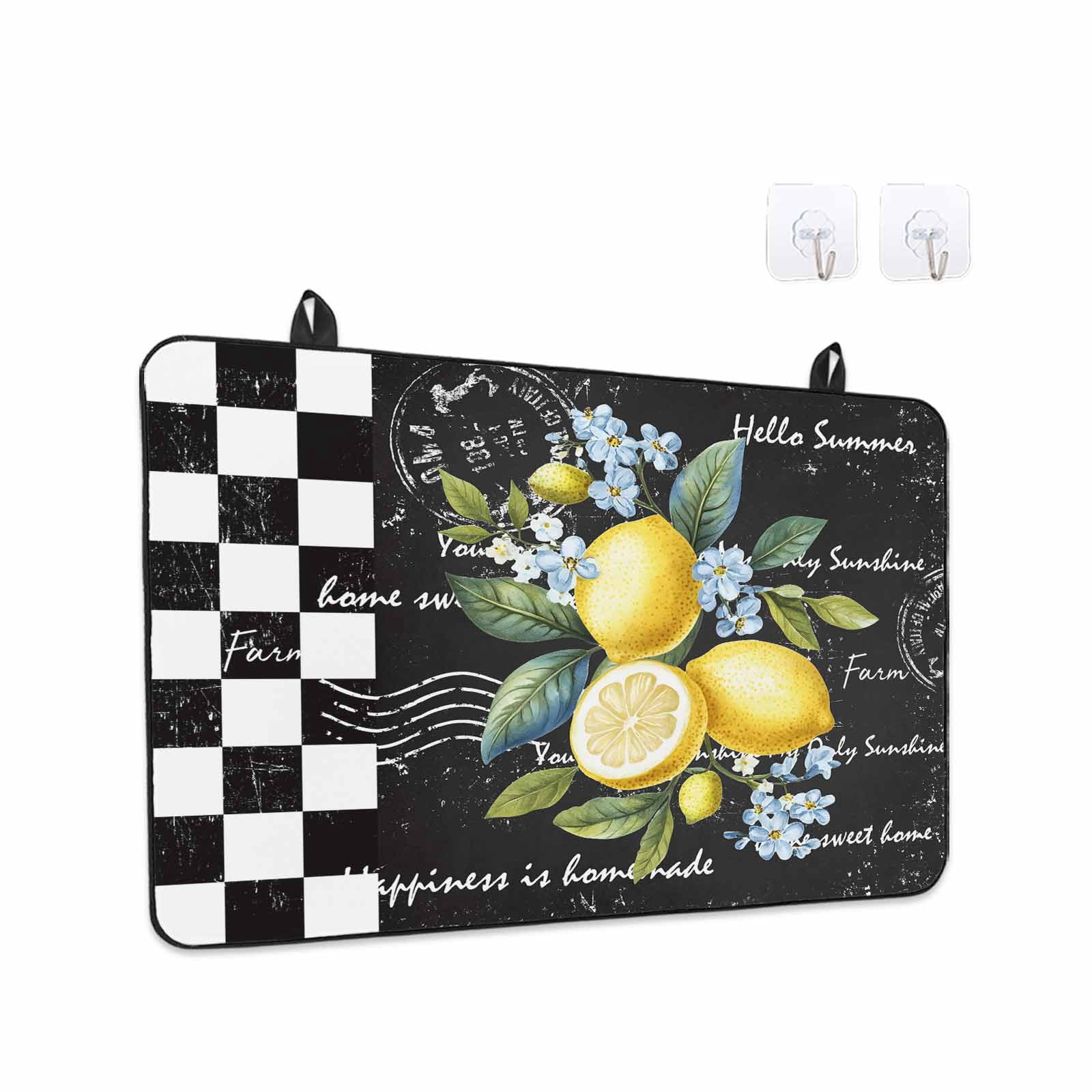 Summer Lemon Stove Top Cover for Electric Stove, Heat-proof & Non Slip Glass Top Stove Cover Protector, Vintage Black Plaid Blue Spring Floral Kitchen Flat Cooktop Rubber Mat 24x21 Inches