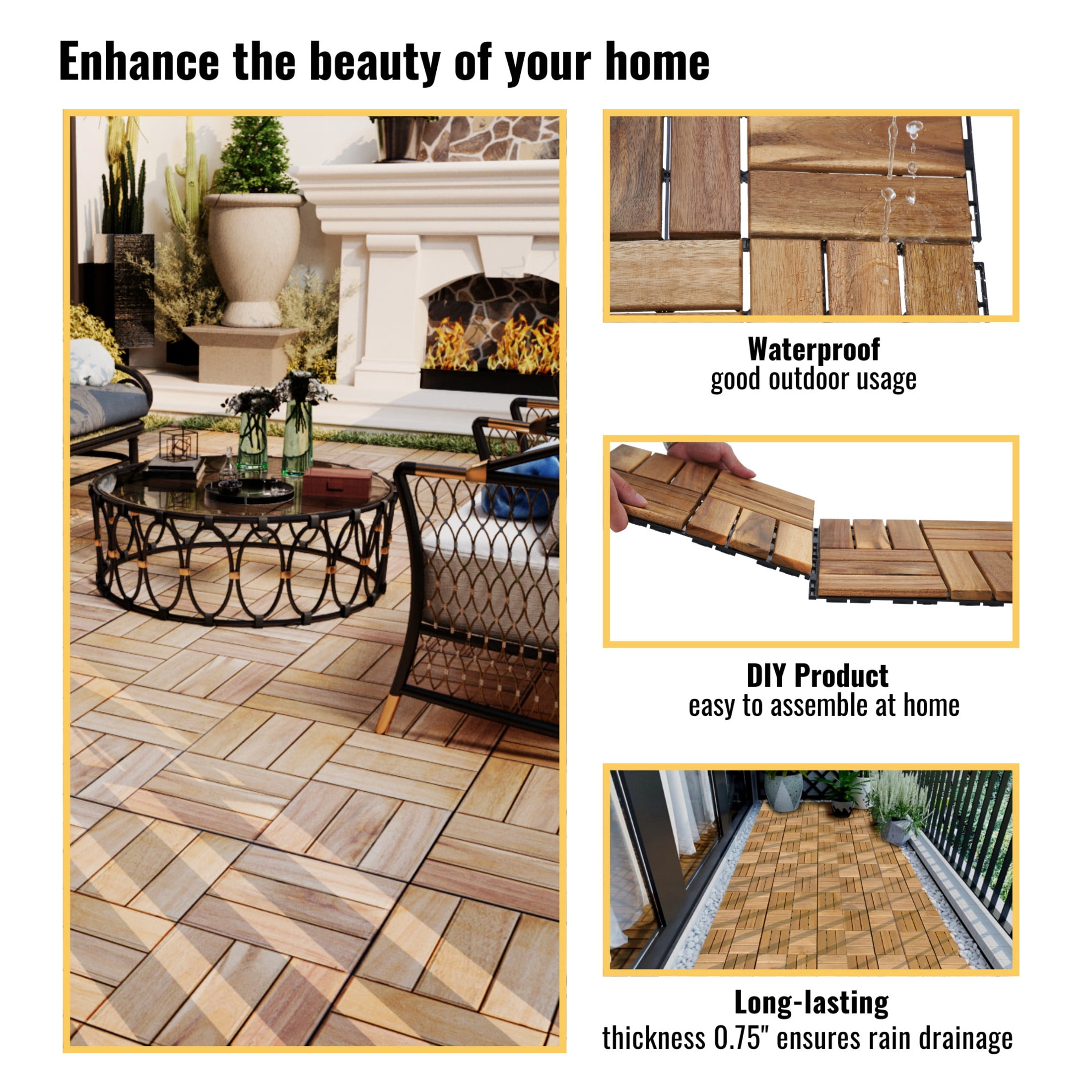 Noble House 12" Checker Acacia Wood Interlocking Deck Tiles, All-Weather Square Hardwood Floor, Yellow, 20 PCS