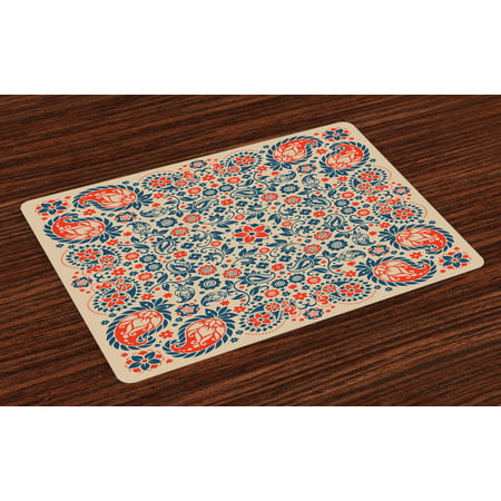 Paisley Placemats Set of 4 Arabesque Floral Ornate Pattern Cultural Folk Persian Middle Eastern, Washable Fabric Place Mats for Dining Room Kitchen Table Decor,Orange Night Blue Tan, by