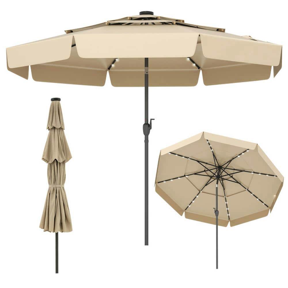 Spaco 10 Feet Solar Patio Umbrella with 3-Tier Vented Top, Outdoor Shade, Beige