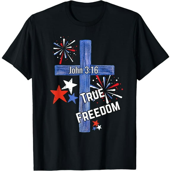 Christian 4th of July, John 3:16 Cross, Red, White & Blue T-Shirt,Black