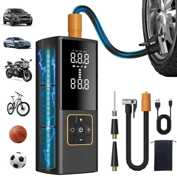 Cshidworld Tire Inflator Portable Air Compressor, 150 PSI & 6000mAh Cordless Bike Pump for Auto Bicycle Balls with Digital Pressure Gauge/LED Light, 3X Fast Inflation Smart Air Pump Black