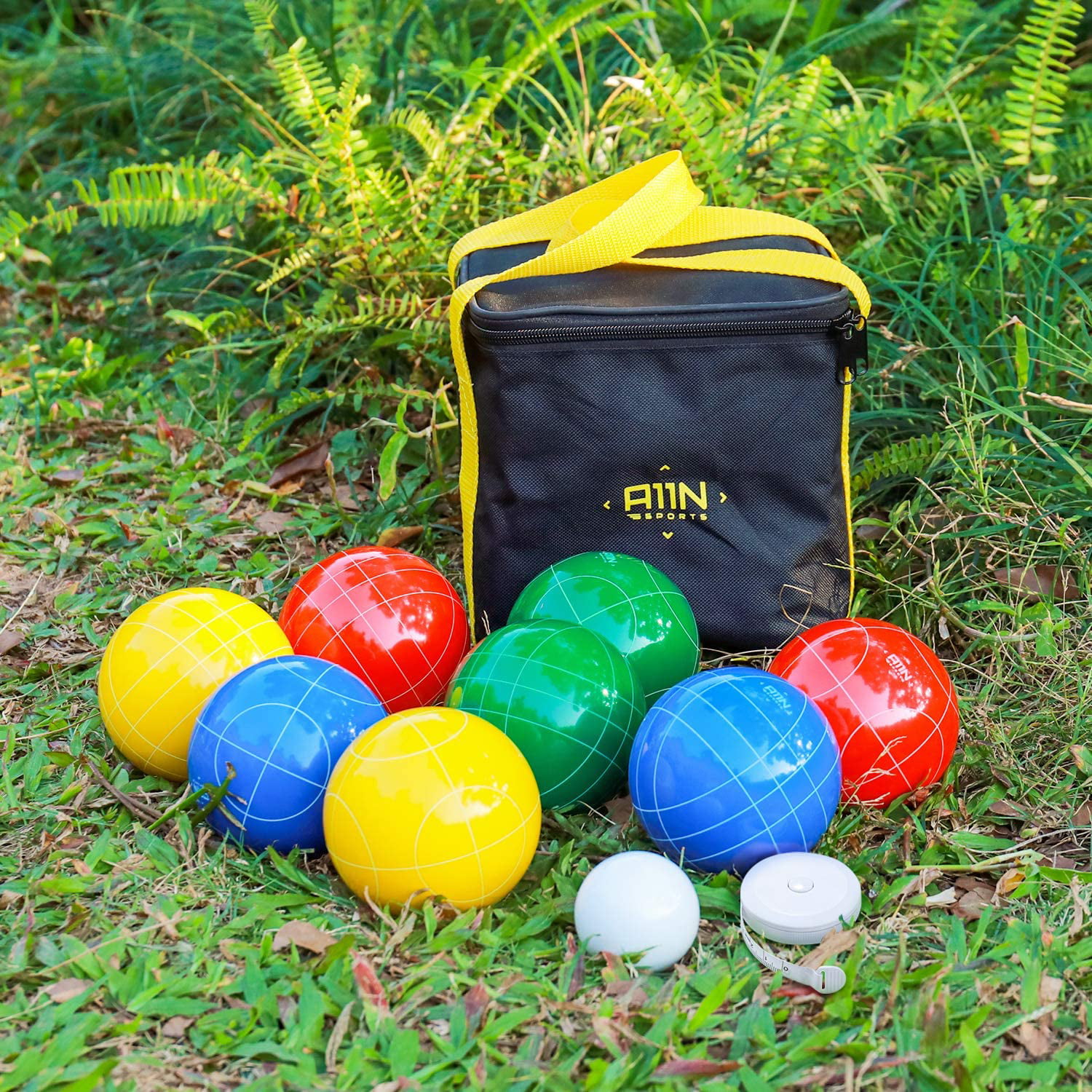 A11N 90mm/107mm Bocce Ball Set with 8 Resin Balls, Pallino, Carrying Bag,  and Measuring Tape for Backyard, Lawn, Beach Game