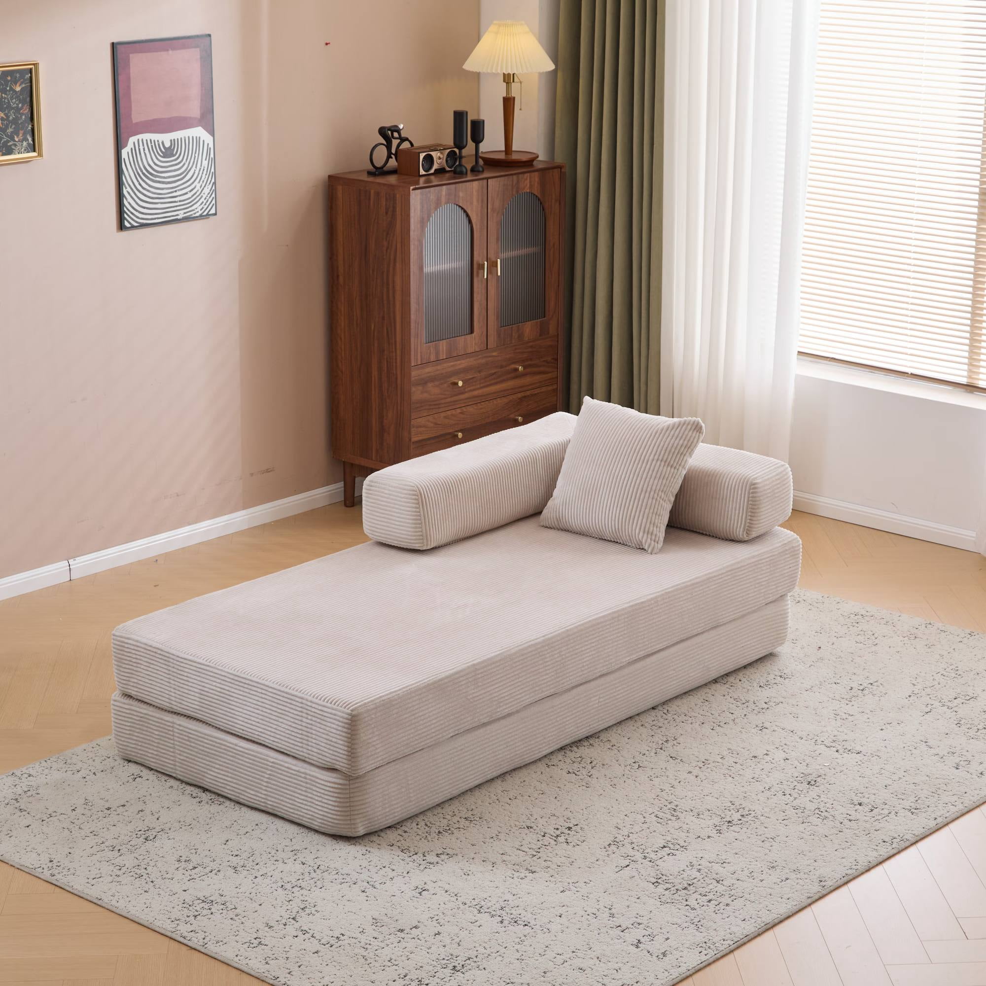 Convertible Sleeper Sofa Bed with Pillow, Corduroy Folding Mattress Floor Sofa Lounge Couch for Living Room, Bedroom, Light Grey