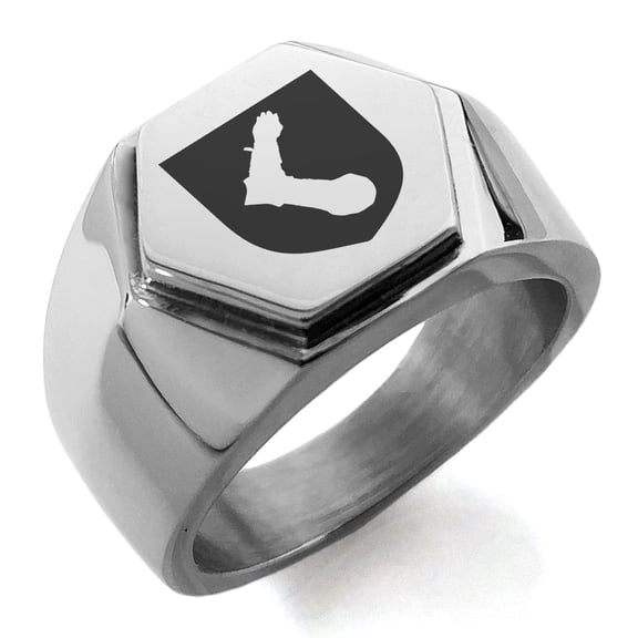 Stainless Steel Arm Armor Leadership Coat of Arms Shield Engraved Hexagon Crest Flat Top Biker Style Polished Ring