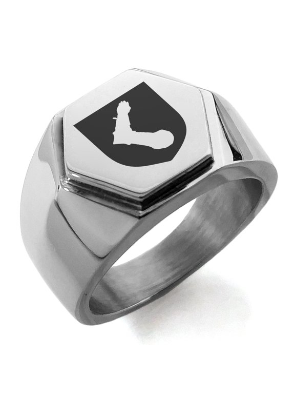 Stainless Steel Arm Armor Leadership Coat of Arms Shield Engraved Hexagon Crest Flat Top Biker Style Polished Ring
