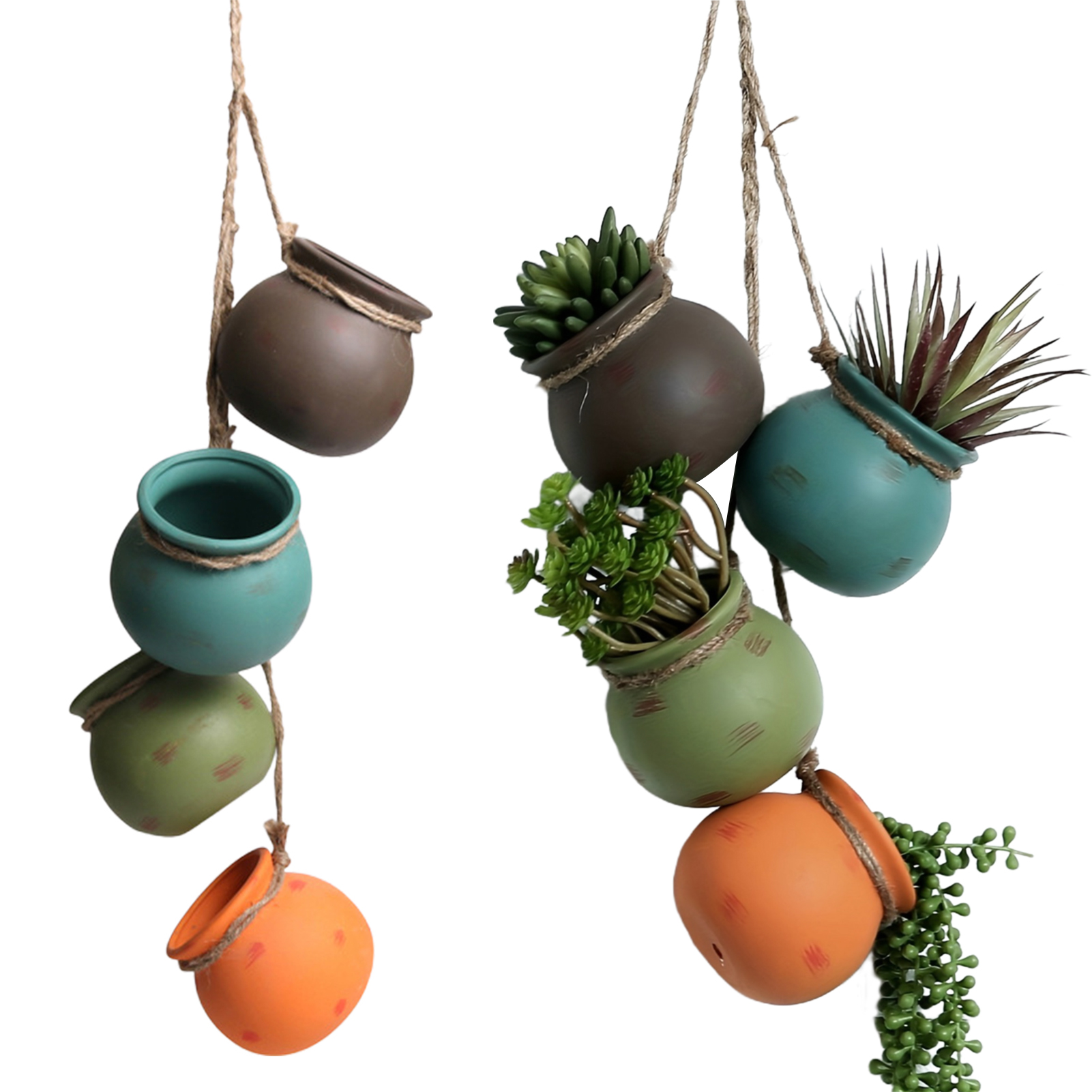 Hanging Ceramic Planters, Mini Wall Mount Flower Pots with Jute Rope for Succulents, Boho Indoor Outdoor Home Decor, Set of 4 Small Plant Pots