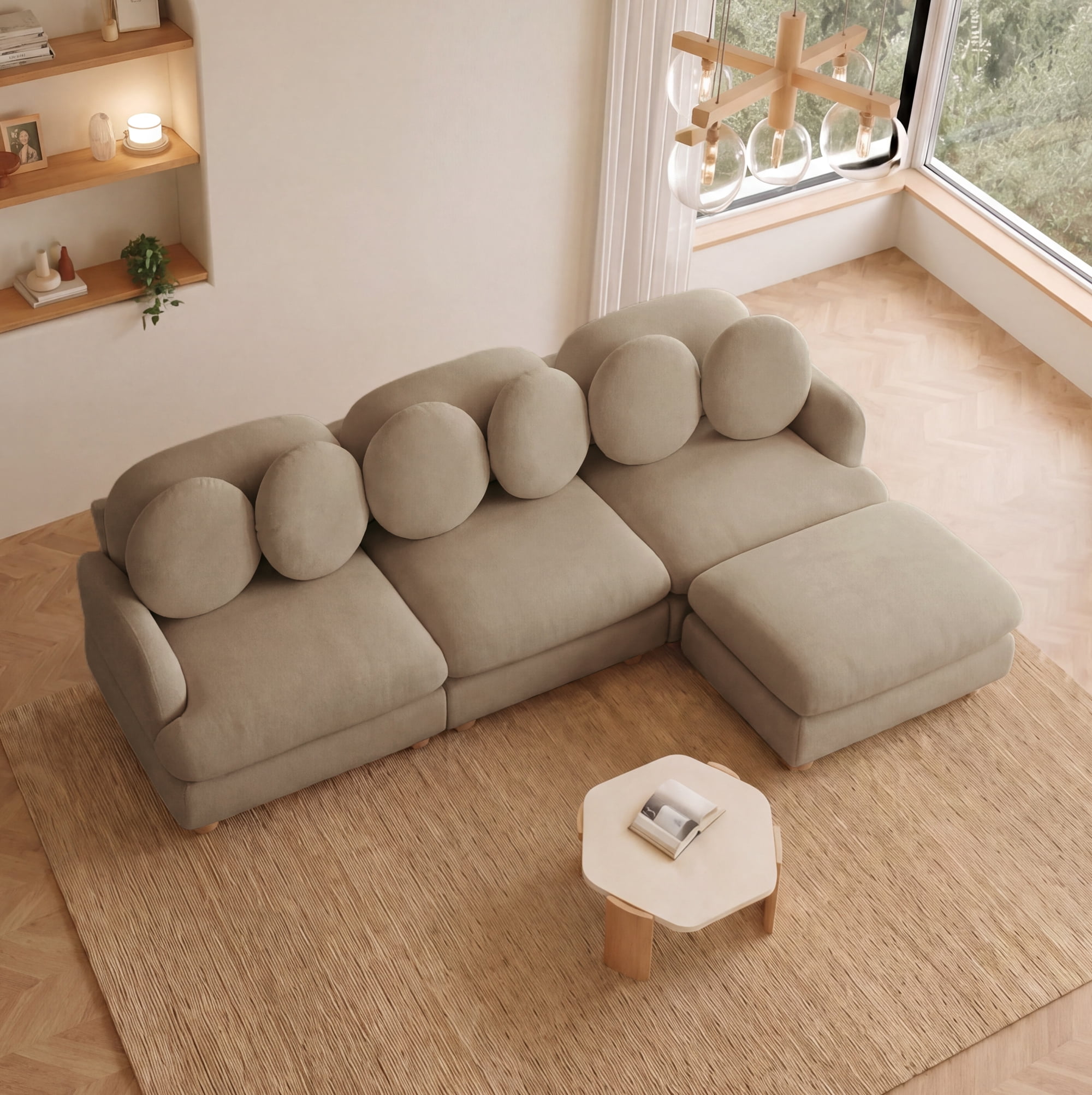 95" L-shaped 4 Seater Comfy Chenille Modular Sectional Sofa Couch with 6 Throw Pillows and Ottoman