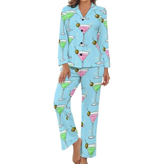 Top-kevin Women Long Sleeve Pajama Set Comfy Pjs Sets Martini Glasses Green Olives 2 Piece Lounge Set