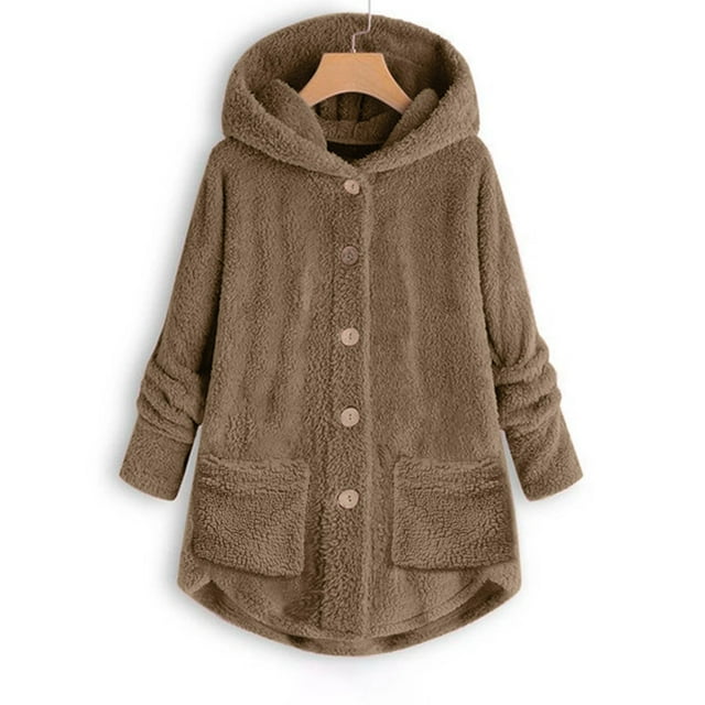 Qertyioot Women Plus Size Button Plush Tops Hooded Loose Cardigan Wool Coat Winter Jacket