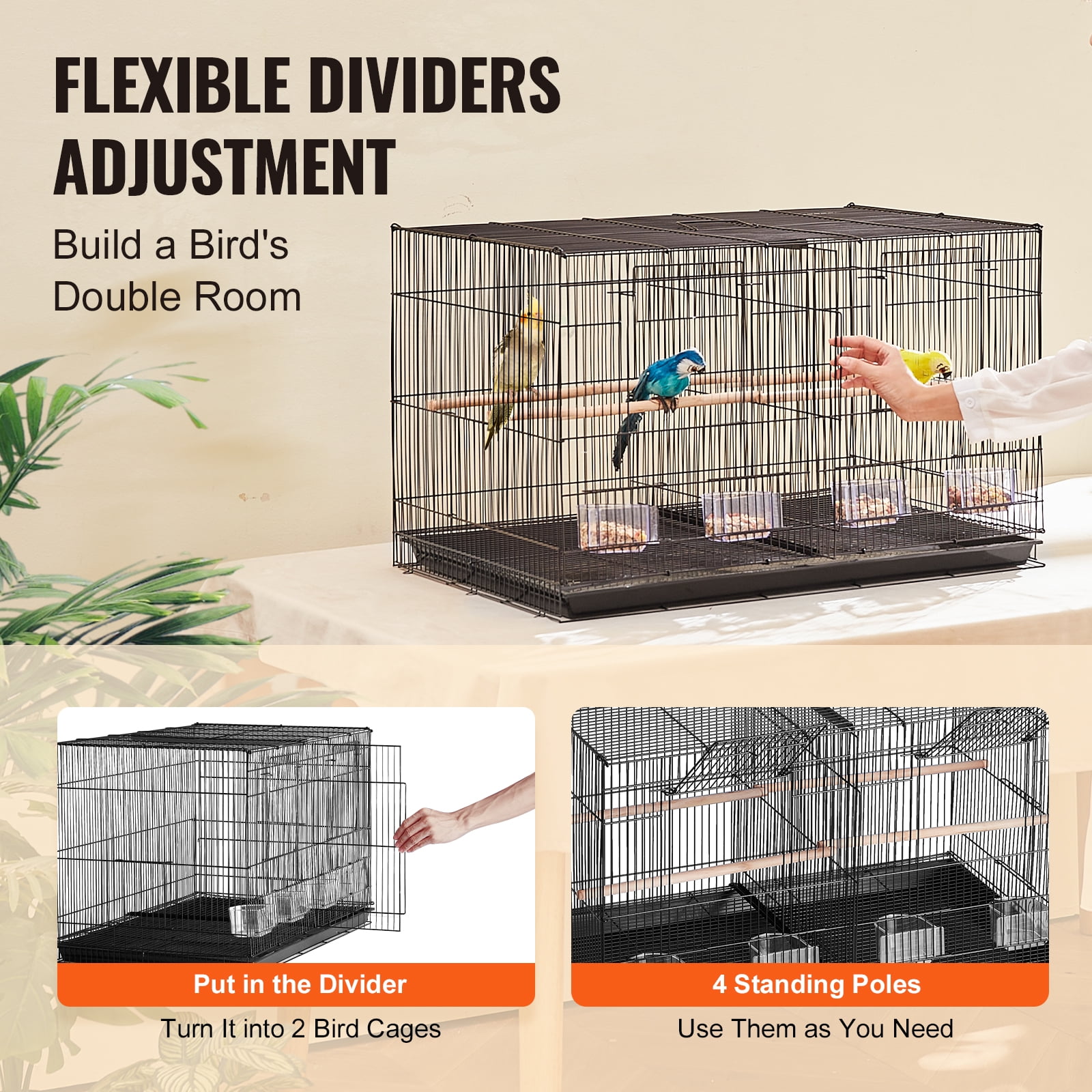 VEVOR 30" Flight Bird Cage, Stackable Divided Bird Cage for Small Parrots & Parakeets, Travel Birdcage with Handle and Perches