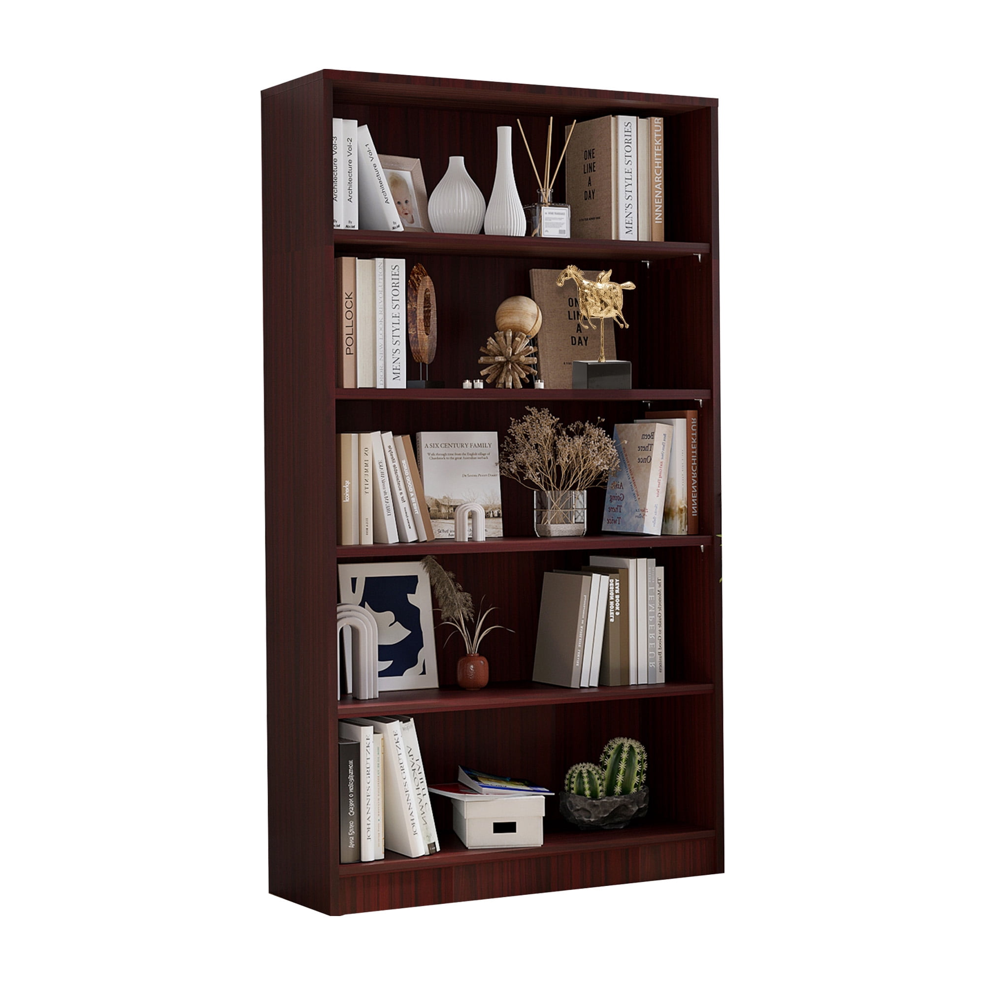 MAYEERTY Mahogany 5-Shelf Modern Wood Bookcase, 60" Tall, for Bedroom, Living Room, and Manga Library