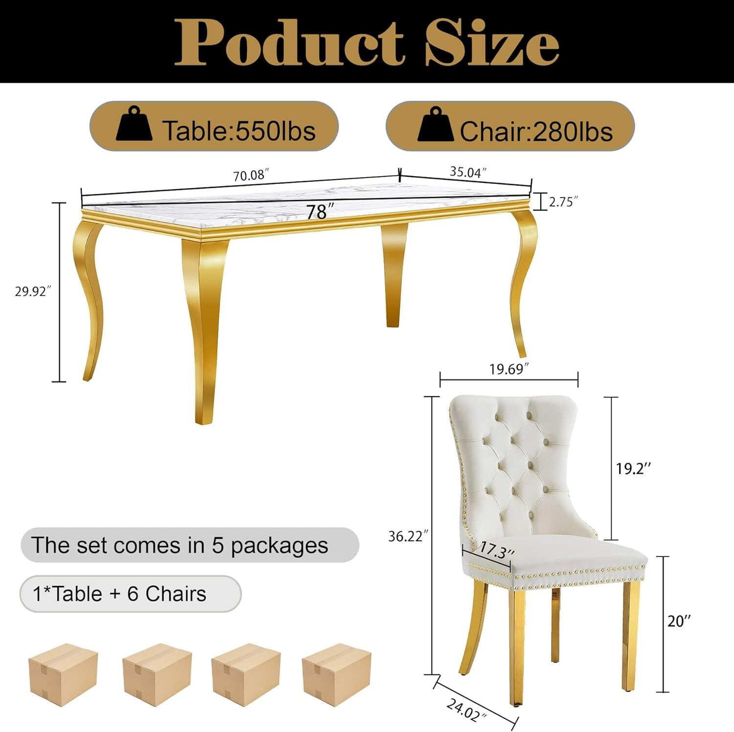 Faux Marble Dining Set of 7, Marble Pattern Table with S-Shaped Stainless Steel Legs, Velvet Dining Chairs with Nailhead Trim, Modern Style for Living Room, Dining Room, Conference Room