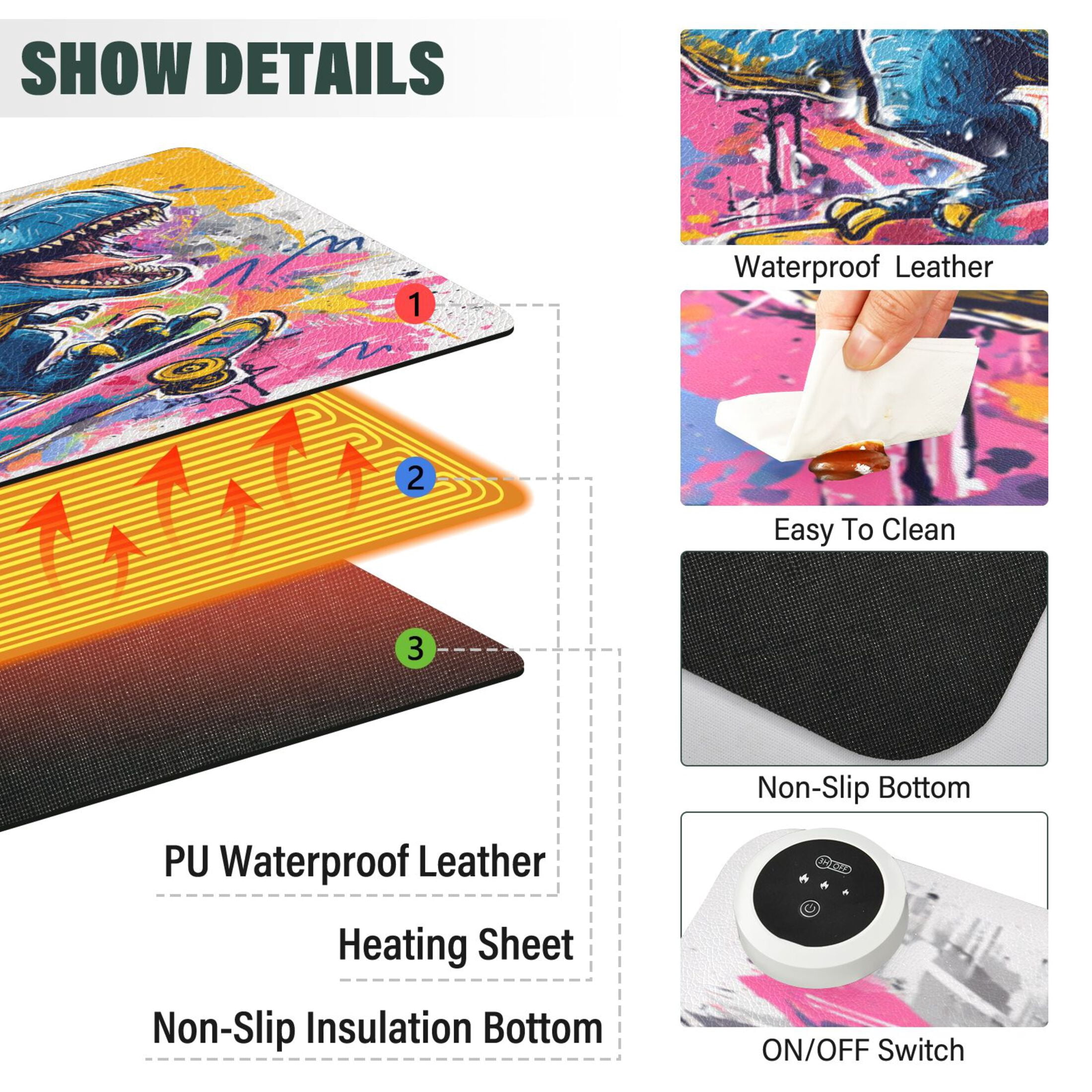 Large Heated Desk Mat Mouse Pad 31.5"x13"PU Leather Graphene Heating Desk Warmer with 3 Temperature Settings 110V US Plug Non-Slip Warm Pad for Home, Office, and Gaming Street Art Dinosaur Design